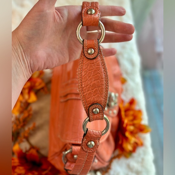 Kathy Van Zeeland Vintage Bag Orange Purse Y2K Faux Croc Charms Buckles - Picture 12 of 12